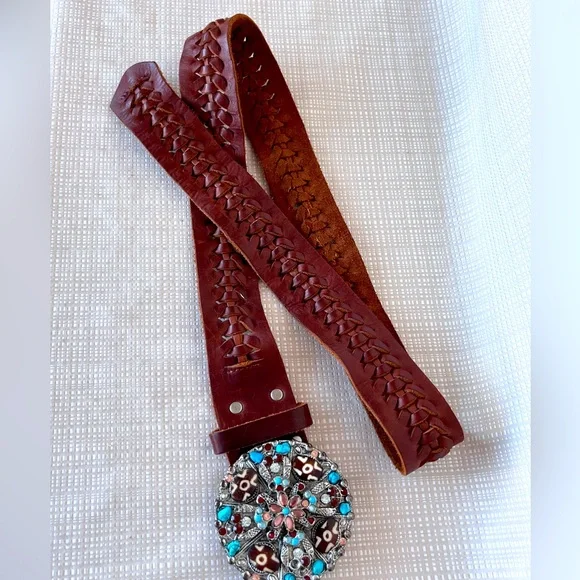 Vintage 100% Leather Statement Buckle Silver Rhinestone Boho Western 90s - Picture 7 of 15